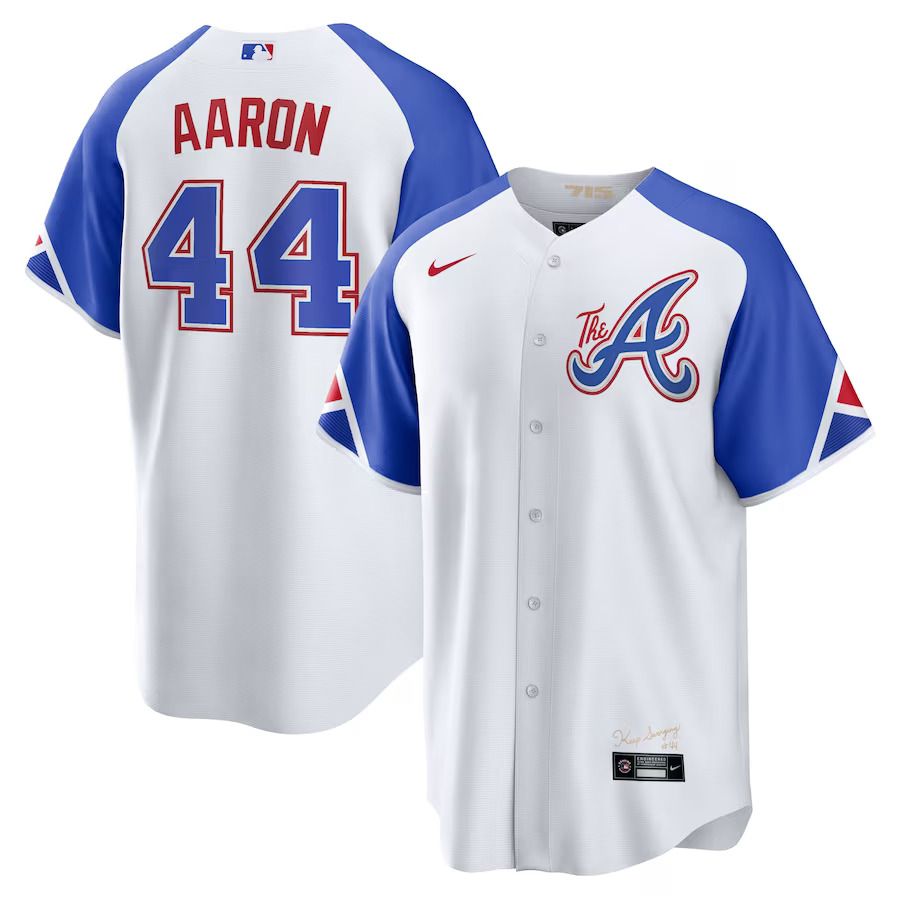 Men Atlanta Braves #44 Hank Aaron Nike White 2023 City Connect Replica Player MLB Jersey->->MLB Jersey